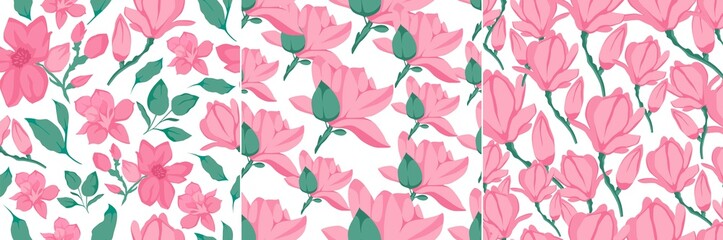 Floral seamless pattern set with magnolia flowers, leaves and petals on white background. Spring flowers for fabric, prints, greeting cards.