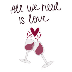 Happy Valentines Day card with handwriting lettering. Vector illustration. Romantic composition with wineglasses. Ideal for printing, design, postcards, posters, invitations.