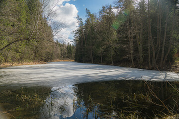 Spring ice on the lake. Landscape. 