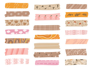 Cute washi tape big set collection in minimalist natural color. Variation of decorative tape clip art in white background.