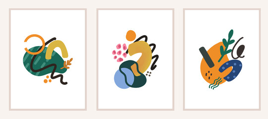 Abstract minimalist poster wall art contemporary with flower, leaf and geometric organic shape collection