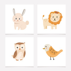 Cute baby animal poster minimalist set card modern with lion owl, and bird