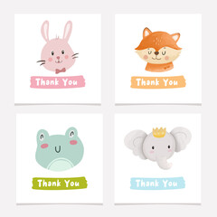 Cute thank you card poster animal with bunny, fox, frog and elephant