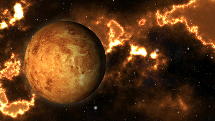 Venus surface. Venus in 360-degree rotation. Realistic 3D render of Venus and stars.   