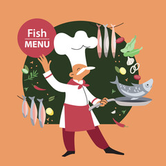Professional chefs cooking.The master chef is frying fish. Fish menu. Fish, vegetables, greens. Vector illustration.