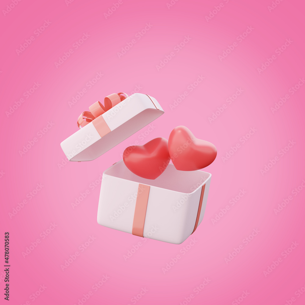 Poster 3d rendering of gift box with hearts on pink background. minimal concept.