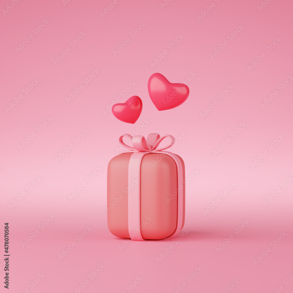 Poster 3d rendering of gift box with hearts on pink background. minimal concept.