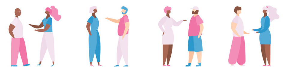 People communicate. Diverse characters talking. Social conversation vector set