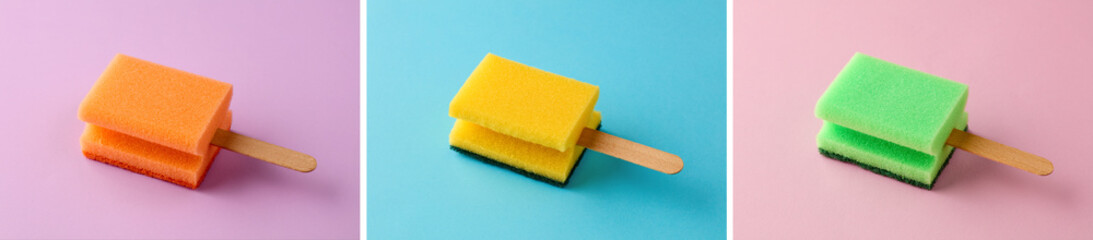 Colorful popsicle ice creams made out of sponge on pastel backgrounds. Household hygiene concept.