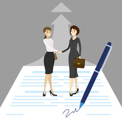 Businesswomen approved good deal. New project development. Two entrepreneurs shake hands after successful negotiations. Large pen signs the paper contract. Agreement, corporation relationship.