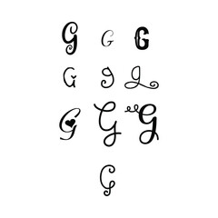 Alphabet -A Hand lettering drawing set of 10 cute Alphabets G. Decorative letter shape G.Calligraphy Alphabet G Sample Styles For Artist And Printed design.	
