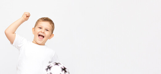 Fan sport boy player hold soccer ball celebrating happy smiling laughing free text copy space isolated on white background banner copy space