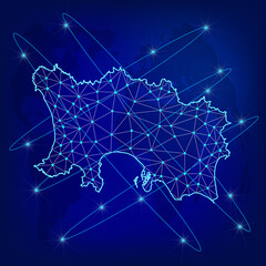 Global logistics network concept. Communications network map Jersey  on the world background. Map Bailiwick of Jersey with nodes in polygonal style. EPS10.