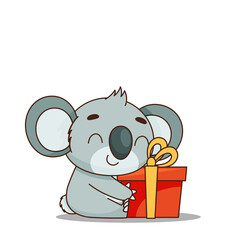Happy koala hugs a gift. Postcard in children's cartoon style. Vector illustration for designs, prints and patterns. © EnyaLis