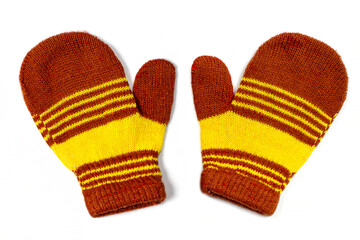 Children's mittens on a white background.