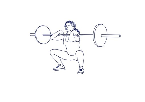 Drawing of a girl doing front squats with a barbell. Fitness and strength training. Simple picture.