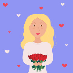 Cute woman with blond hair holding a bouquet of flowers in hands. Spring holiday vector illustration. Cartoon romantic girl in white on blue background. International women day, Mom's Day, Valentine's