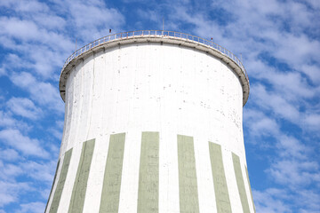 Close-up photo of large industrial factory chimney.