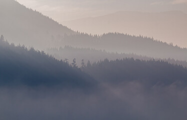 Mountain range in the morning beautiful light. Mountain blue gradient landscape in Canada.