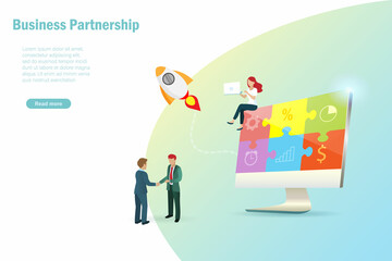 Startup businessman handshake with launching rocket and jigsaw puzzles on computer screen. Business startup, partnership collaboration, investment and digital marketing concept.