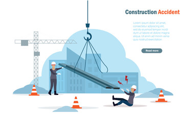 Accident at construction site. Steel plate falling on workers when using crane moving. Accident awareness and unsafe workplace in construction industry concept