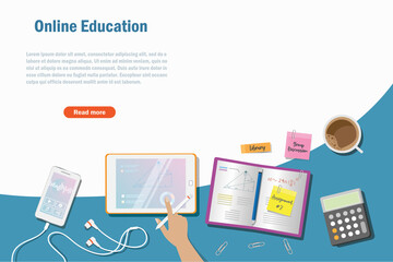 Online education, student desk studying mathematics with stationery supplies and listening to music. Banner, template and web design for education, back to school and student college modern lifestyle.