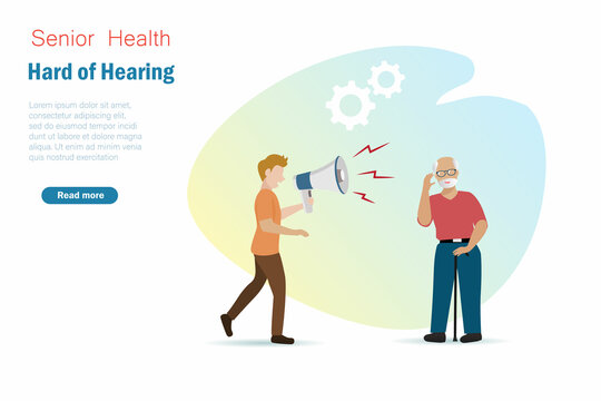 Senior hard hearing disorder, elderly listening problem and health care concept. Man holding megaphone speak loundly to senior man to improve listening ability.