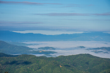 Mountain scenery in the beautiful winter valleys in the Doi Chang Mub Mountains, Mae Fa Luang, Chiang Rai. The beauty of the nature background.
