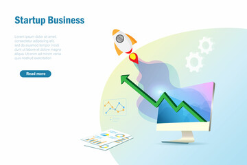 Startup business launching rocket from computer screen with growth graph and direct target. Business startup and digital marketing concept.