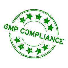 Grunge green GMP (Good manufacuturing practice) compliance word round rubber seal stamp on white background
