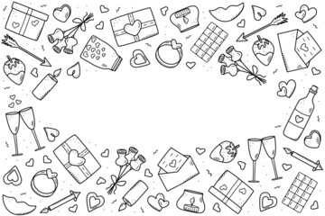 A set of doodle icons for Valentine s Day or wedding. Vector illustration of romantic accessories candles hearts ring bottle and glasses of wine, strawberry chocolate gift lips.