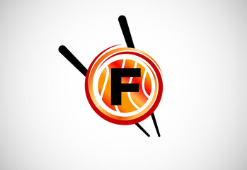 Initial F monogram alphabet in the circle with Chopstick. Asian sushi bar emblem. Logo for sushi