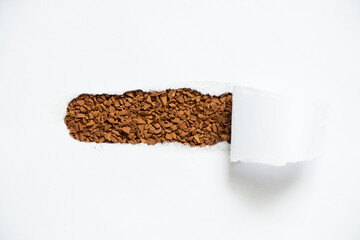 granular coffee on isolated white background, coffee background, torn paper