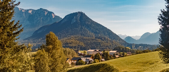 Fototapeta premium Beautiful alpine summer view with the Aussichtswarte Tressenstein viewpoint at the famous Ausseer See lake near Altaussee, Steiermark, Austria