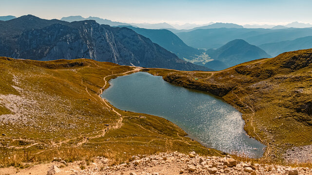 Beautiful alpine summer view with the Augstsee lake from above at the famous Loser summit near Altaussee, Steiermark, Austria