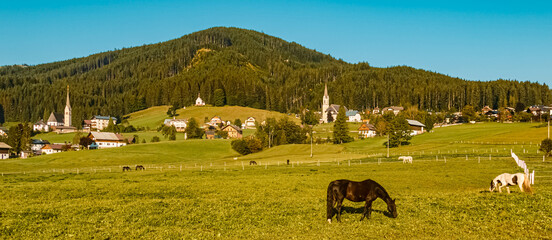 Beautiful alpine summer view with two churches near Gosau, Upper Austria, Austria