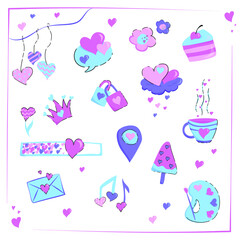 Badges set of Valentines day and Love vector illustration. Trendy color palette and cute romantic elements. Good for card, wedding, scrapbook, logo, t shirt design.