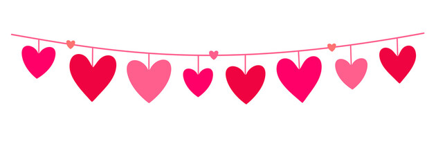 Cute Heart Border. Beautiful Hearts hanging on a string. Banner in flat style for Valentine's Day, birthday, holidays. Colorful love garland with hearts. Isolated on a white background. Vector.
