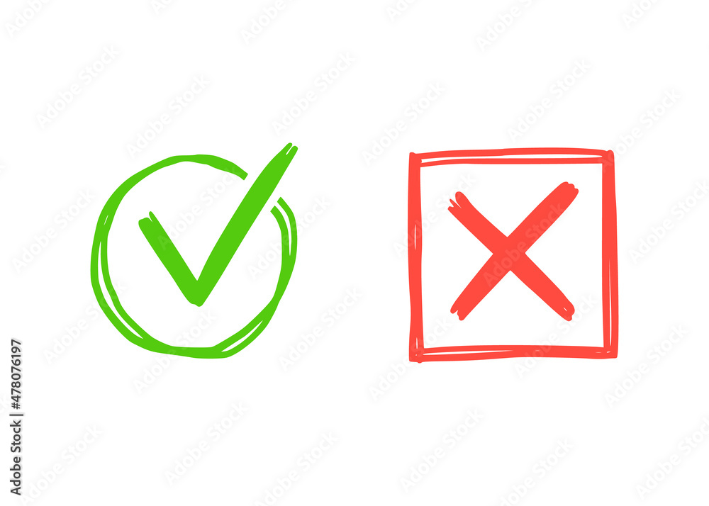 Poster green check and red cross mark. hand drawn doodle sketch style. vote, yes, no drawn concept. checkbo