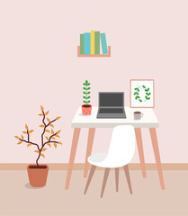 Vector flat illustration of comfortable home office workplace.