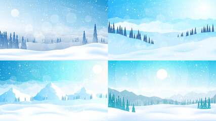 Winter Landscapes Set. Mountain landscape. Vector illustration. Travel concept of discovering. Hiking tourism. Adventure. Minimalist graphic posters. Polygonal flat design for coupons, vouchers, cards