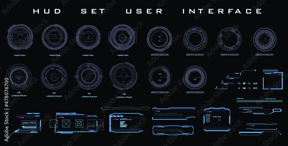 Poster Navigation elements for game user interface HUD. Dialog boxes. Futuristic frames and targets and goals of the title. HUD Video Game Elements