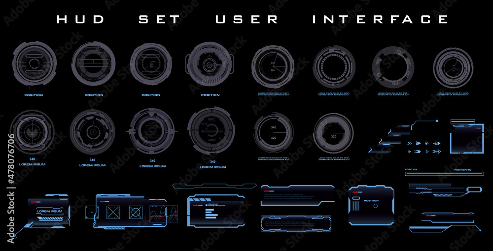 Poster Navigation elements for game user interface HUD. Dialog boxes. Futuristic frames and targets and goals of the title. HUD Video Game Elements