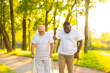 Caregiver is teaching old man to walk with walker. Professional nurse and patient walking outdoor...