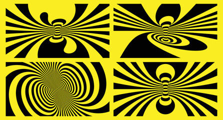 Cover design template. Abstract geometrical background. Striped pattern with optical illusion. Psychedelic stripes. 3D vector illustration for brochure, flyer, card, banner or cover.