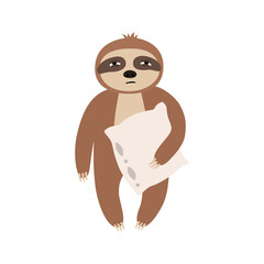 Sleepy sloth with a pillow. Vector illustration isolated.