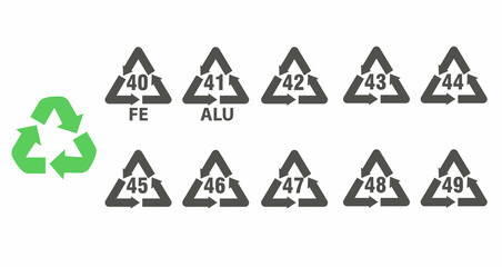 Metal recycling codes. Identification and packaging symbols. Waste sorting icons. Aluminium, steel signs vector illustration.