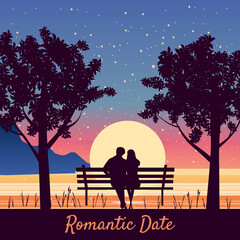 Fototapeta na wymiar Romantic Date Couple lovers on bench in park, under trees. Sunset, night, stars. Vector Happy Valentines Day illustration, silhouette