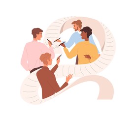 Group of partners signing contract. Business team concluding agreement, putting signatures. Deal conclusion, cooperation and partnership concept. Flat vector illustration isolated on white background