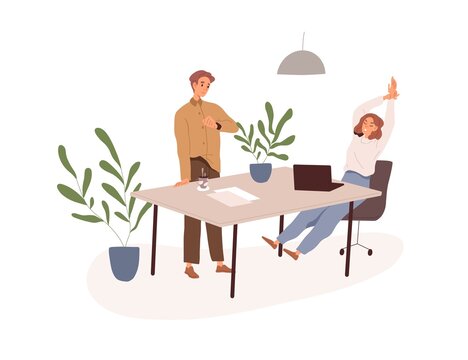 End of work day in office. Colleagues at desk, job completion. Tired employees at workplace stretching and looking at watches to go home. Flat vector illustration isolated on white background